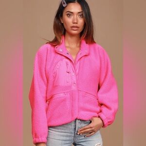 FREE PEOPLE Hit the Slopes Neon Pink Fleece Jacket Size M